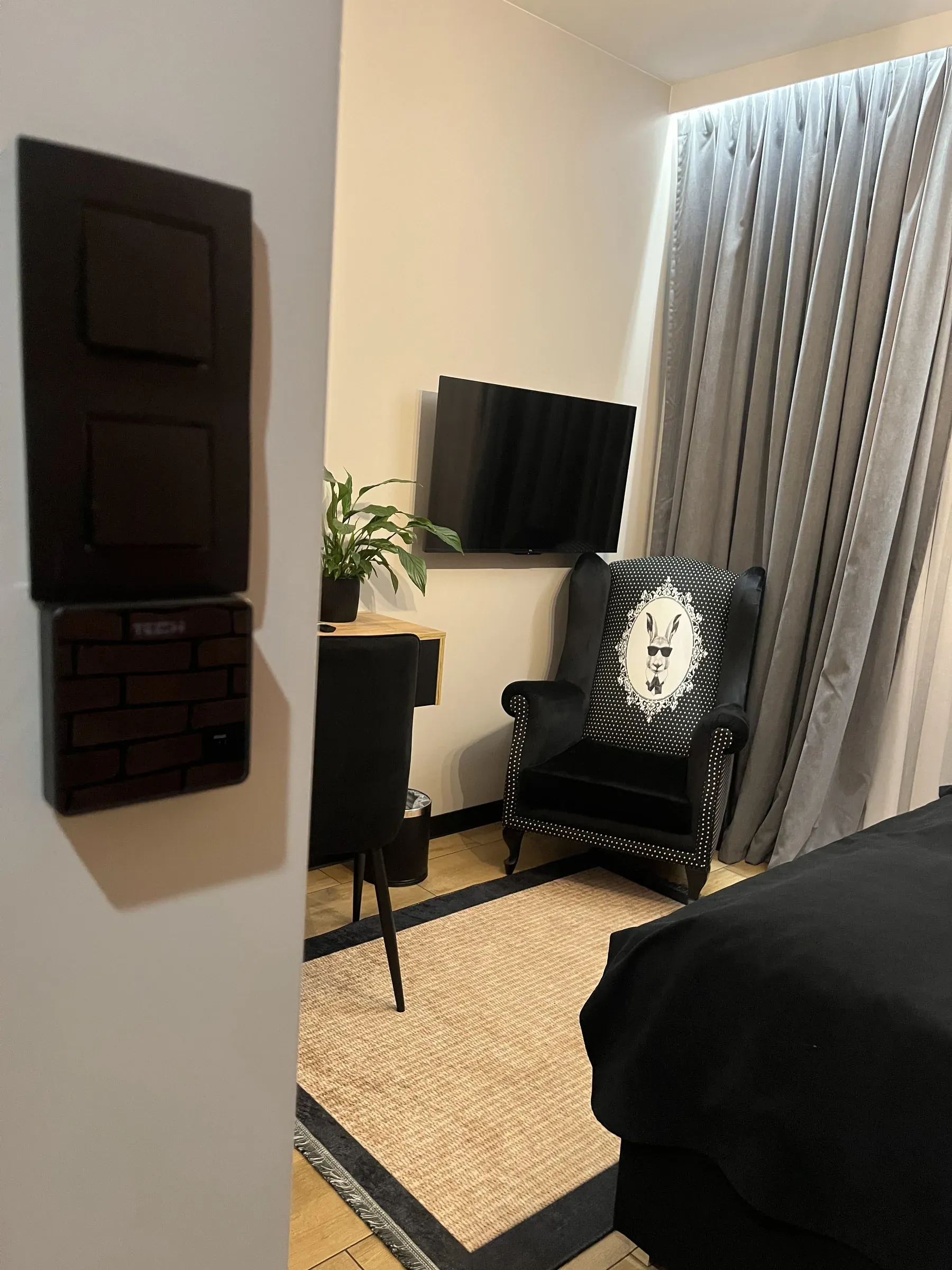 Regulator TECH w ciemnym wykończeniu pod włącznikami w pokoju hotelowym